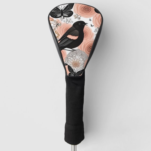 Peach and Charcoal Flowers, Robin and Butterflies Golf Head Cover (Front)