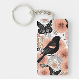 Peach and Charcoal Flowers, Robin and Butterflies Key Ring