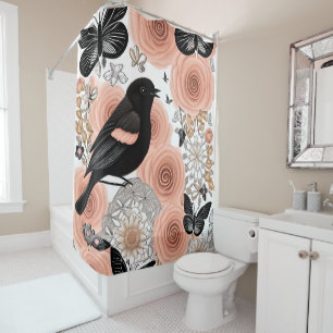 Peach and Charcoal Flowers, Robin and Butterflies Shower Curtain