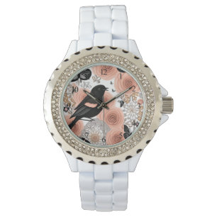 Peach and Charcoal Flowers, Robin and Butterflies Watch