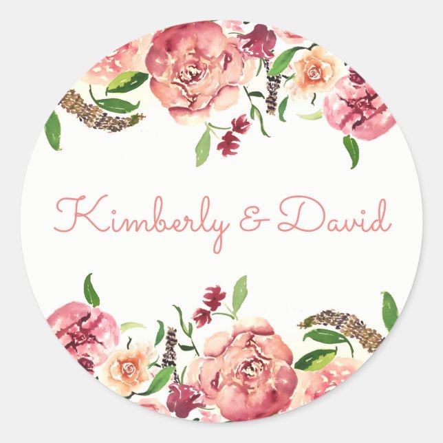 Peach and Coral Flowers Floral Wedding Classic Round Sticker (Front)