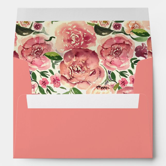 Peach and Coral Flowers Floral Wedding Envelopes (Back (Bottom))