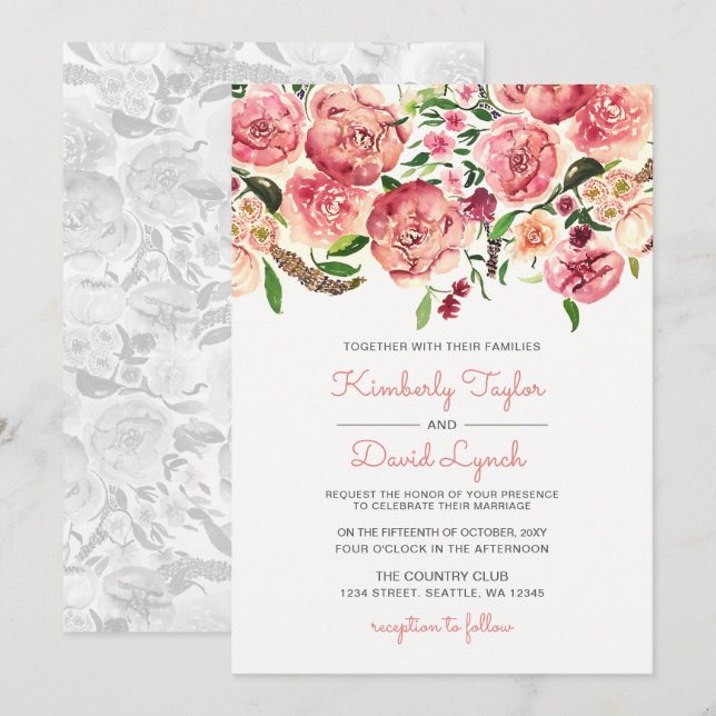 Peach and Coral Flowers Floral wedding invitation (Front/Back)