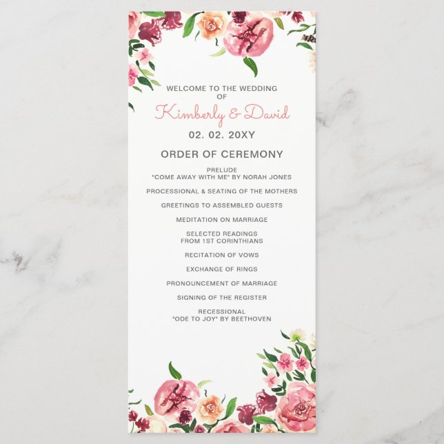 Peach and Coral Flowers Floral Wedding Programs Programme (Front)