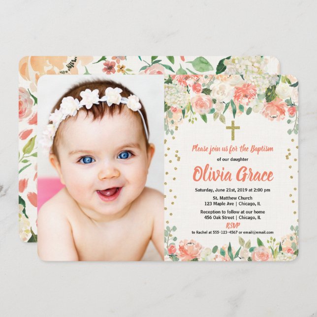 Peach and cream floral baptism girl photo invitation (Front/Back)