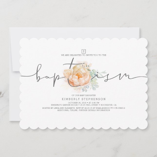 Peach and Cream Floral Elegant Girls Baptism Invitation (Front)
