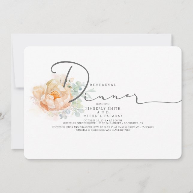 Peach and Cream Floral Script Rehearsal Dinner Invitation (Front)