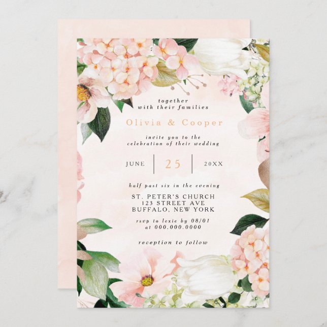 Peach and Cream Hydrangeas Tulip Chic Wedding Invitation (Front/Back)