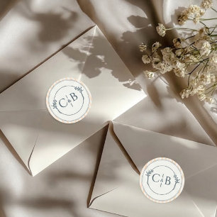 Peach and Cream Striped Monogram Wedding Classic Round Sticker