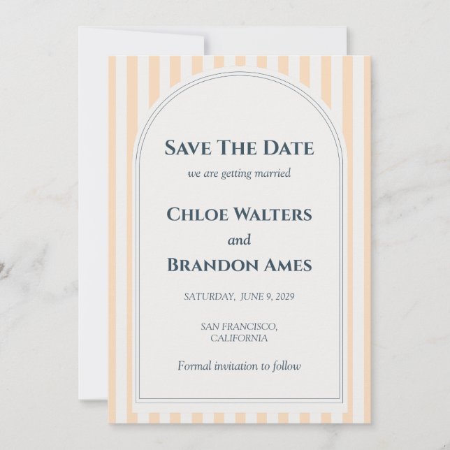 Peach and Cream Striped Wedding Save The Date  (Front)