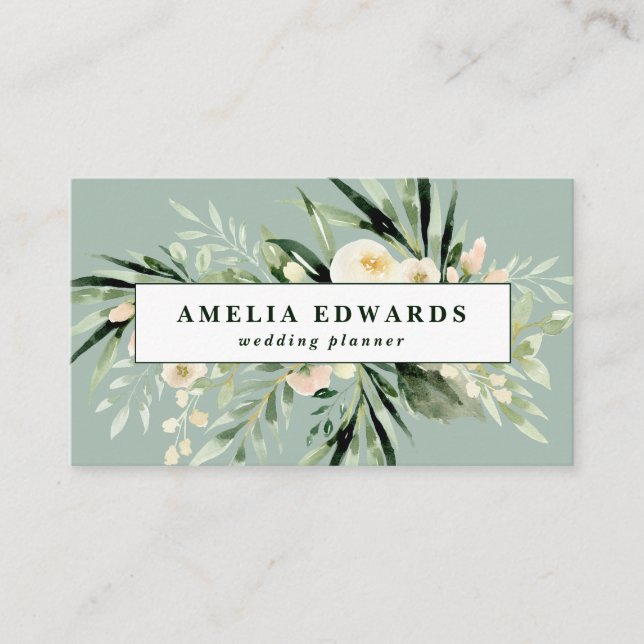 Peach and cream watercolor leaf + foliage modern  business card (Front)