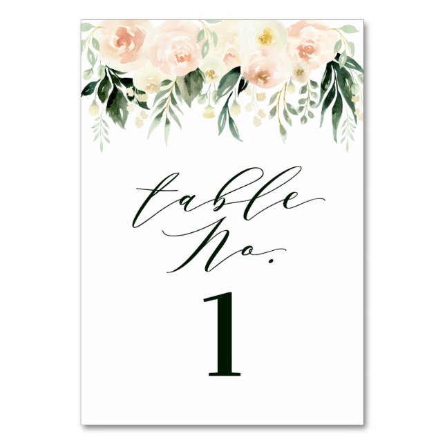 Peach and cream watercolor leaf + foliage wedding table number (Front)