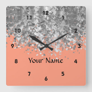 Peach and faux glitter personalized square wall clock