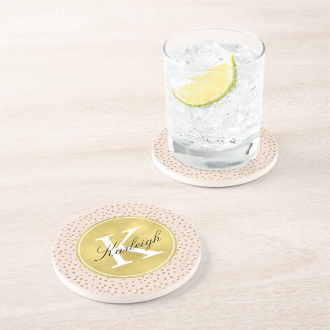 Peach and Gold Confetti Dots Monogram Coaster (Side)
