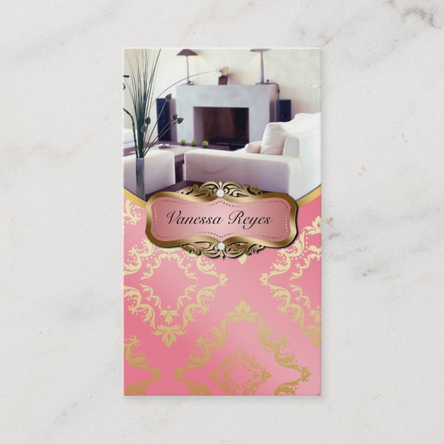 Peach and Gold Damask Photo Business Card (Front)