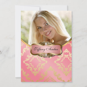 Peach and Gold Damask Photo Invite