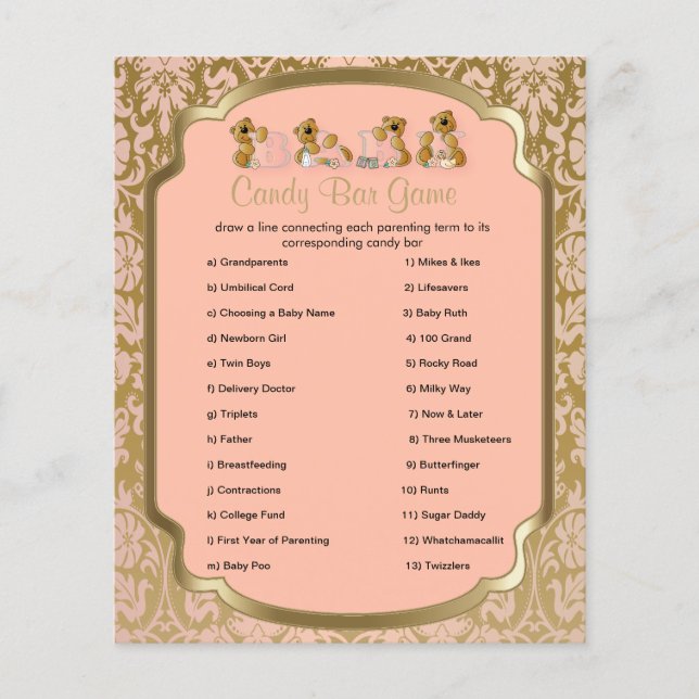 Peach and Gold Damask Teddy Bears- Candy Bar Flyer (Front)