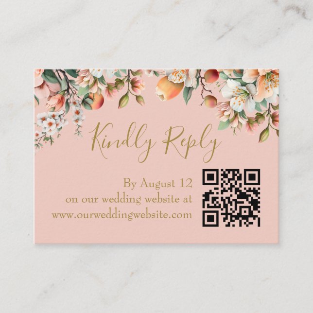Peach and Gold Floral Botanical QR Code RSVP Enclosure Card (Front)