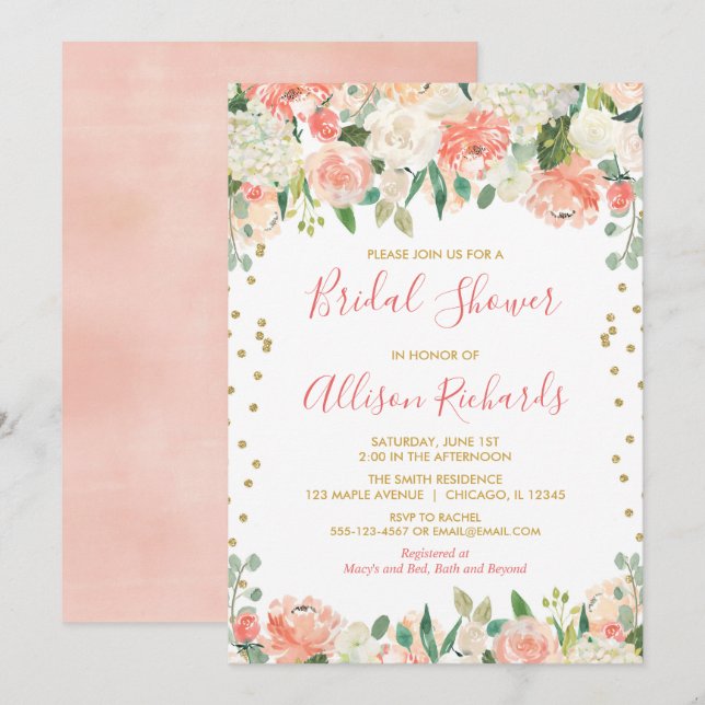 Peach and gold glitter floral bridal shower invitation (Front/Back)