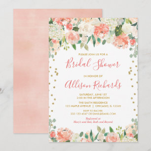 Peach and gold glitter floral bridal shower invitation
