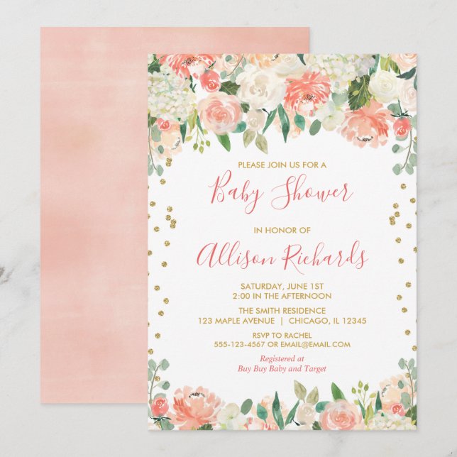 Peach and gold glitter floral girl baby shower invitation (Front/Back)