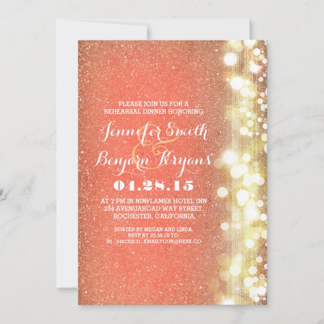 peach and gold glitter lights rehearsal dinner invitation (Front)