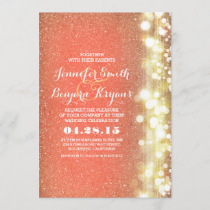 peach and gold glitter lights wedding invitation