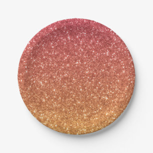 Peach and Gold Glitter Ombre Kids Birthday Party Paper Plate