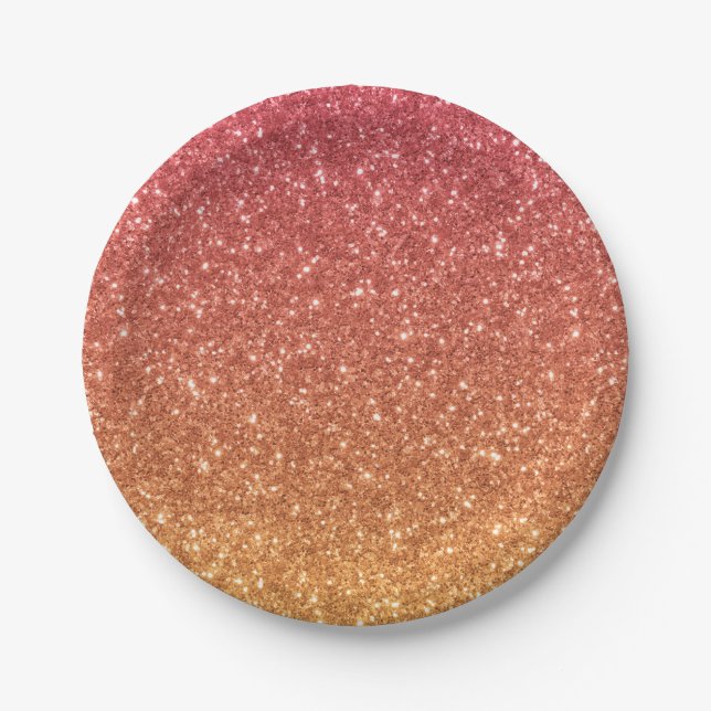 Peach and Gold Glitter Ombre Kids Birthday Party Paper Plate (Front)