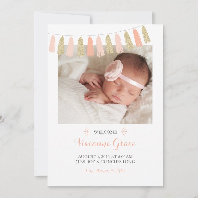 Peach and Gold Glitter Tassel Birth Announcements (Front)