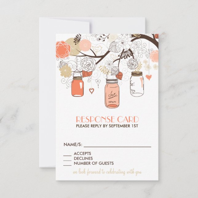 Peach and Gold Mason Jars Spring Flowers RSVP Card (Front)