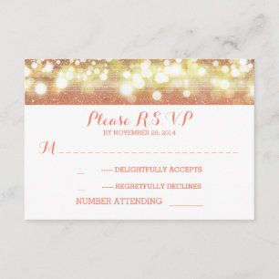 peach and gold string lights glitter wedding RSVP Card