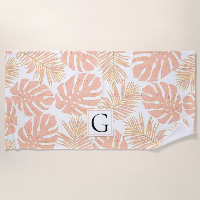 Peach and gold tropical leaves and monogram beach towel (Front)