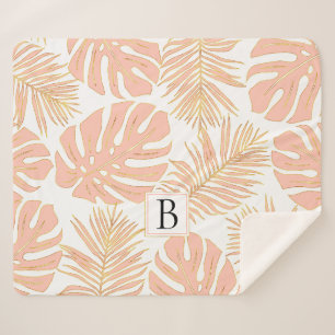 Peach and gold tropical leaves and monogram sherpa blanket