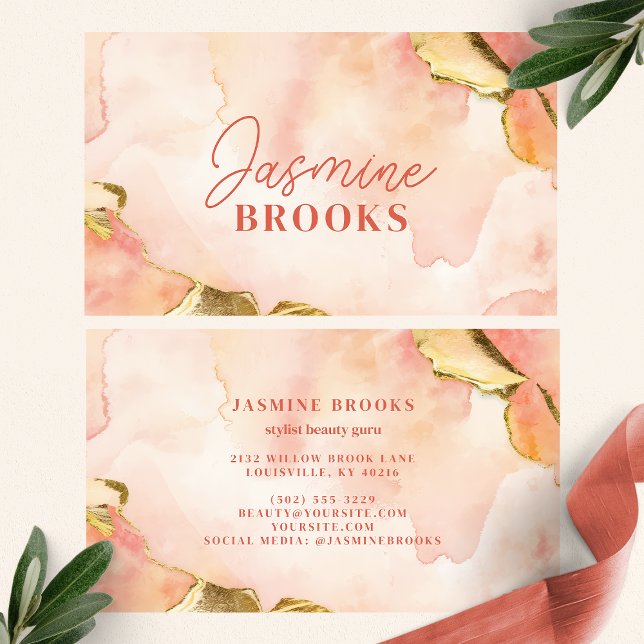 Peach and Gold Watercolor Elegant  Business Card (Creator Uploaded)