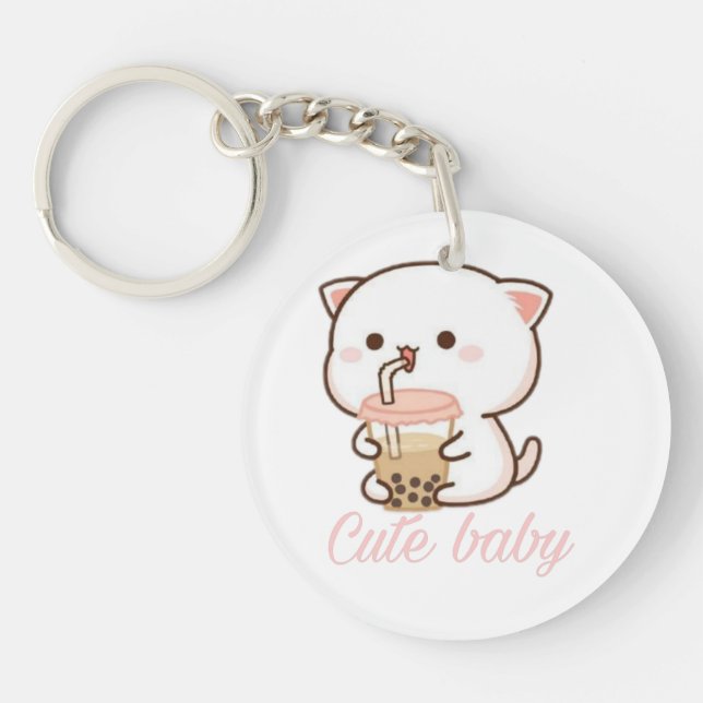 Peach and Goma Mochi Cat Bubble Tea  Baby Bodysuit Key Ring (Front)