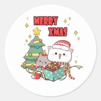 Peach And Goma Mochi Cat, Merry Christmas Classic Round Sticker