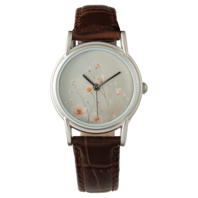 Peach and Green Floral Bokeh Little Flowers Wrist Watch (Front)