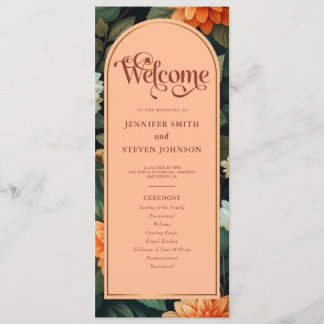 Peach and Green Floral Gold Foil Arch Wedding Programme