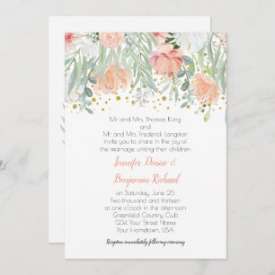 Peach and Green Floral Gold Sparkles Wedding Invitation