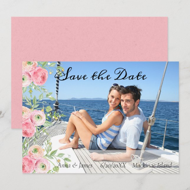 Peach and Green Floral Photo Save the Date Invitation (Front/Back)