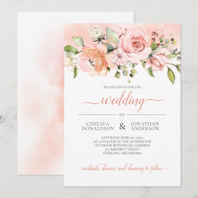 Peach and Green Floral Wedding Invitation (Front/Back)