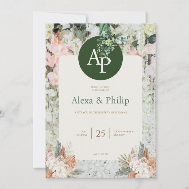 Peach and Green Floral Wedding Invitation (Front)