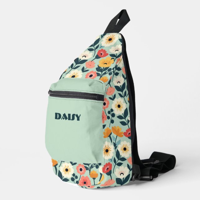 Peach and Green Retro Floral Sling Bag (Right Corner)