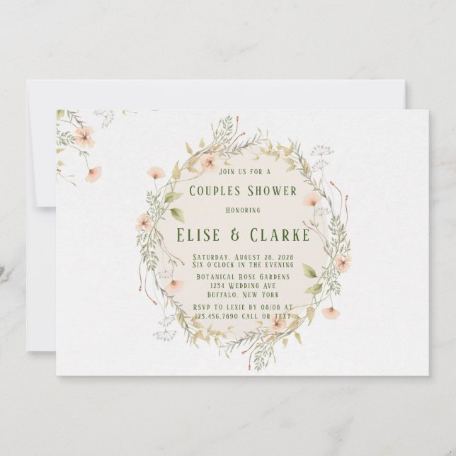 Peach and Green Wildflowers Wreath Couples Shower Invitation (Front)