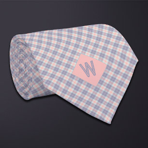 Peach and Grey Blush Plaid Monogram Tie