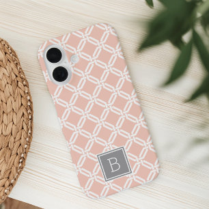 Peach and Grey Lattice Pattern Monogram iPhone 16 Case