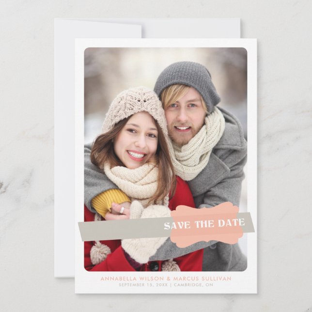 Peach and Grey Modern Save the Date Stripes Photo (Front)