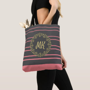 Peach and Grey Monogrammed Tote Bag