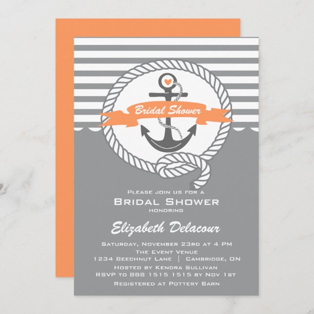 Peach and Grey Nautical Bridal Shower Invitation (Front/Back)